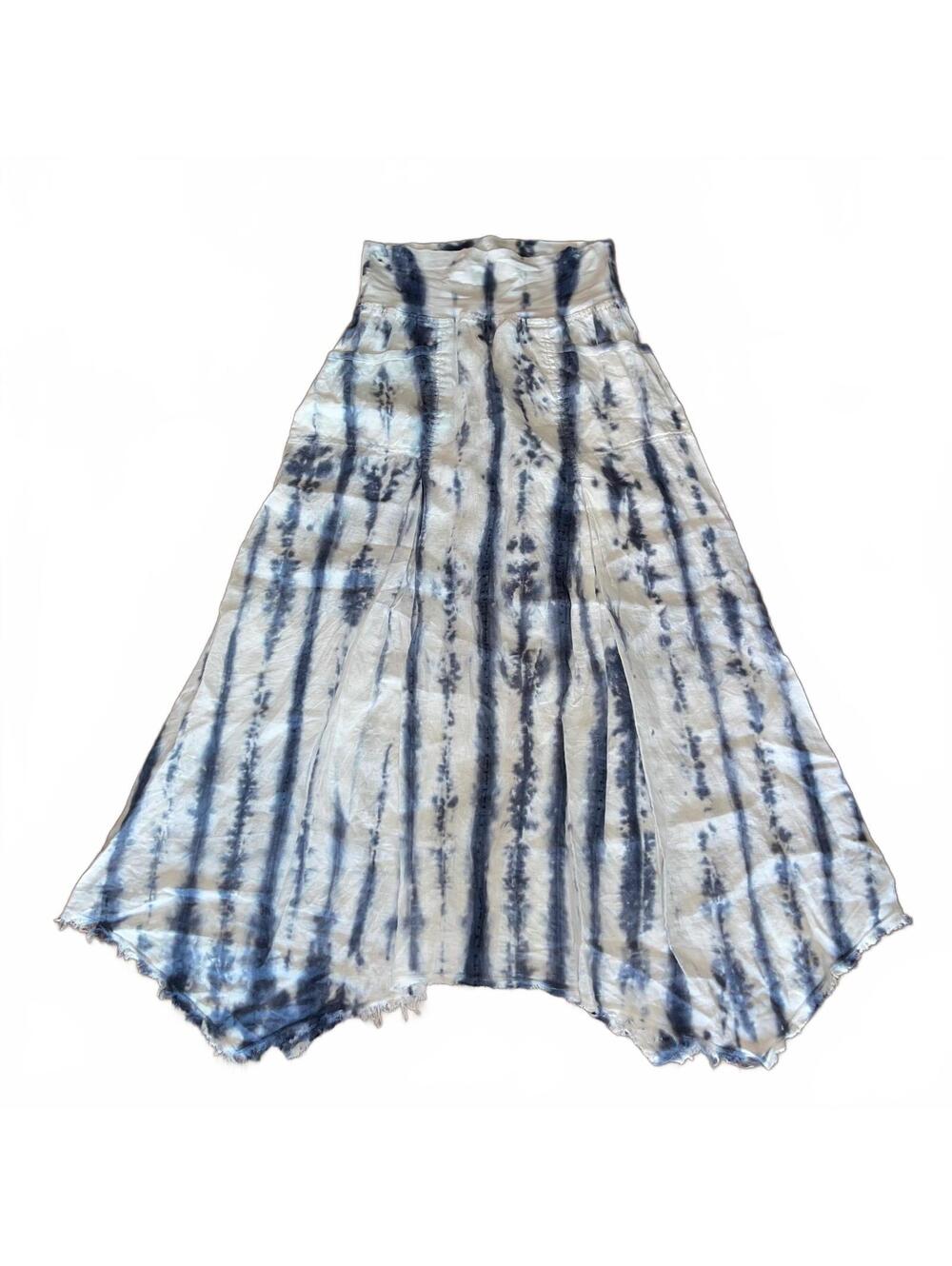 XCVI Linen Tie Dye Maxi Skirt S Blue White Boho Swing Lagenlook Handkercheif Hem